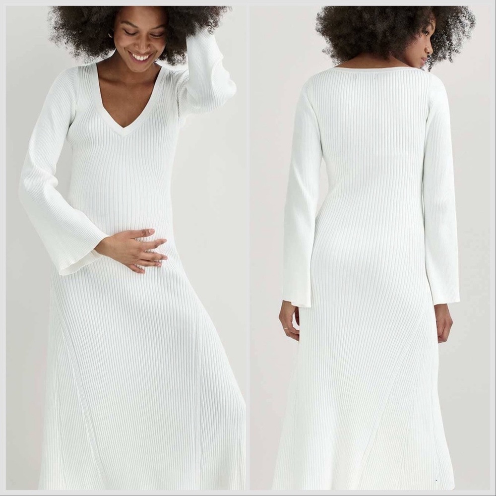 Hatch The Sima Ribbed Knit MIDI Dress in Ivory White Sz L